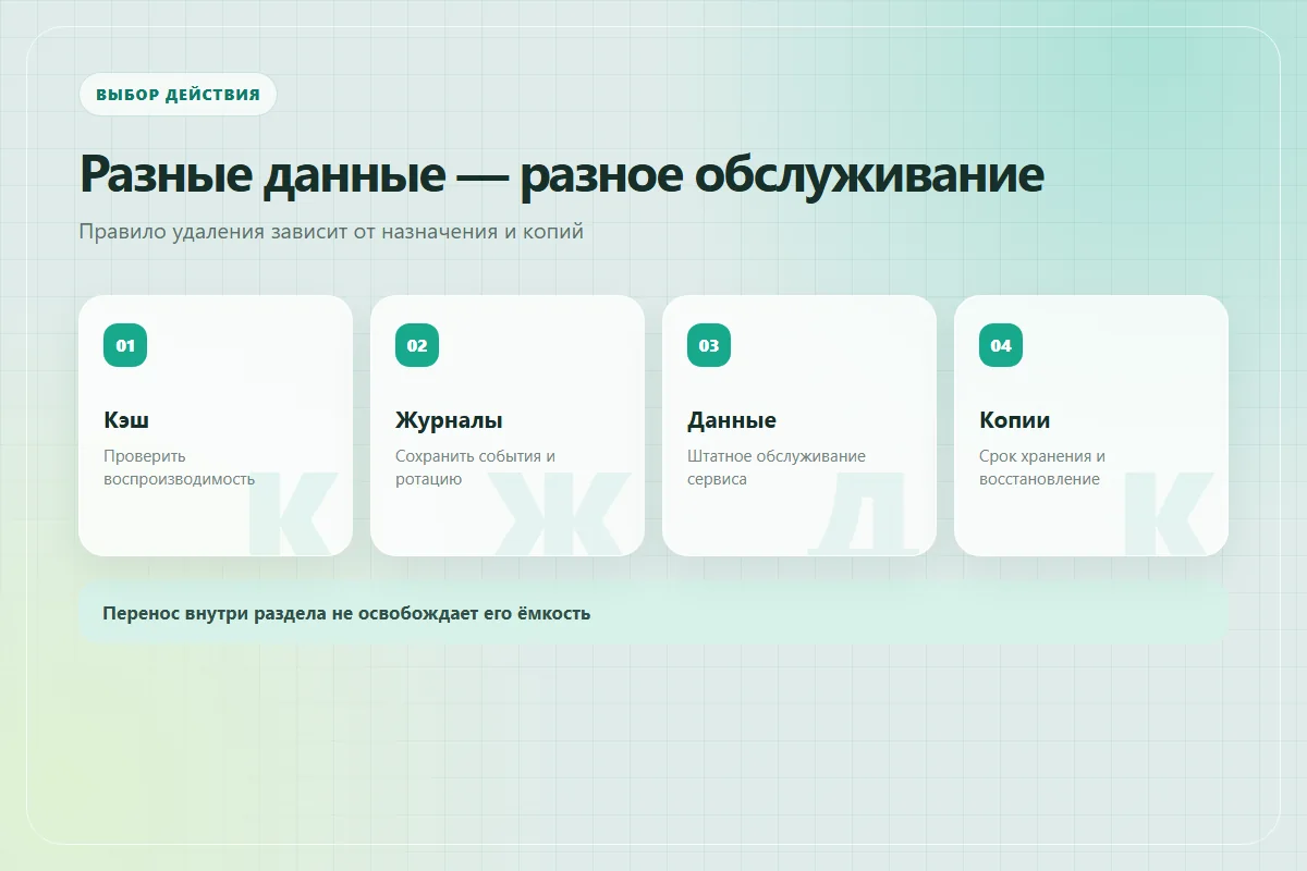 Выбор действия по назначению данных: кэш, журналы, рабочие файлы или резервные копии
