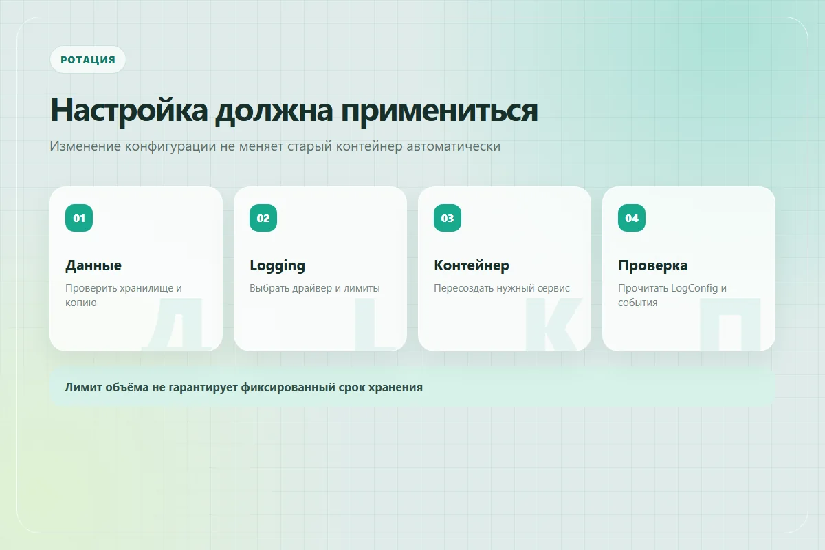 Применение ротации: сохранить данные, изменить сервис, пересоздать контейнер и проверить журнал