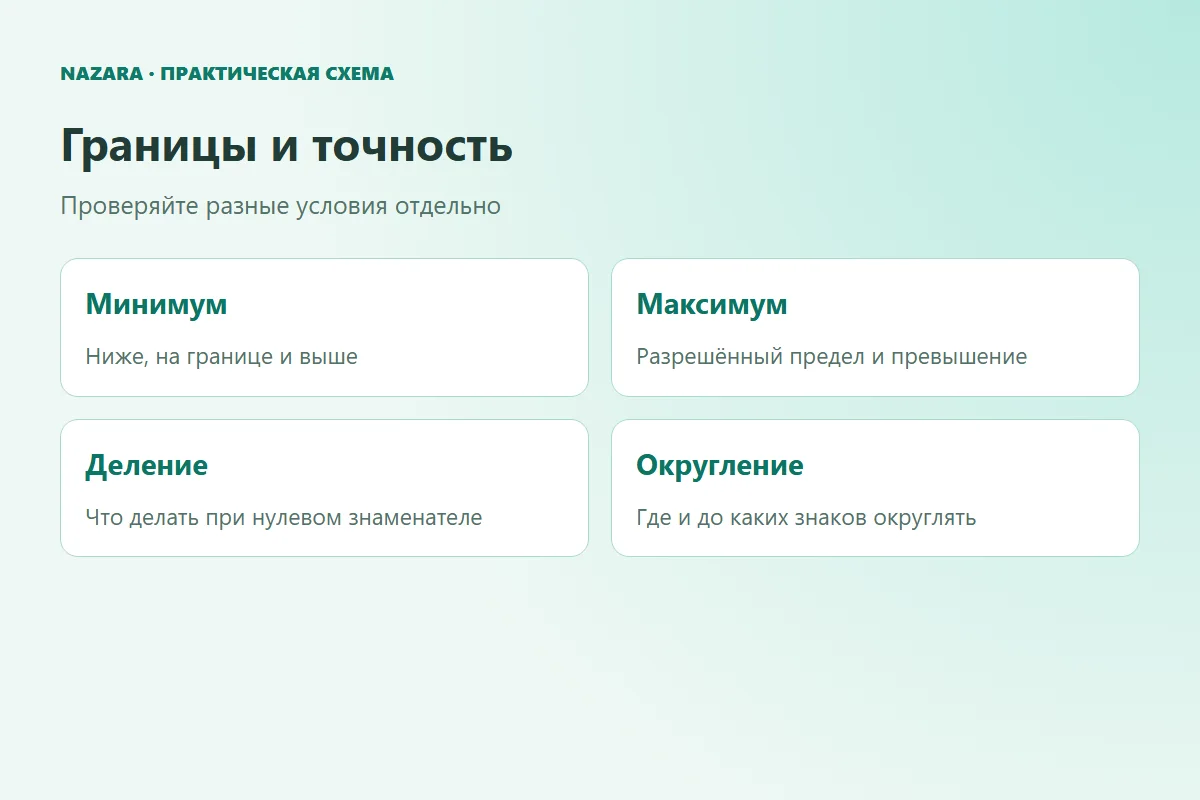 Проверка нижней и верхней границы, нулевого знаменателя и момента округления