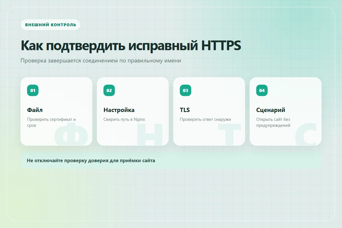 Контроль HTTPS: сравнить файл, путь Nginx, внешний сертификат и пользовательский сценарий