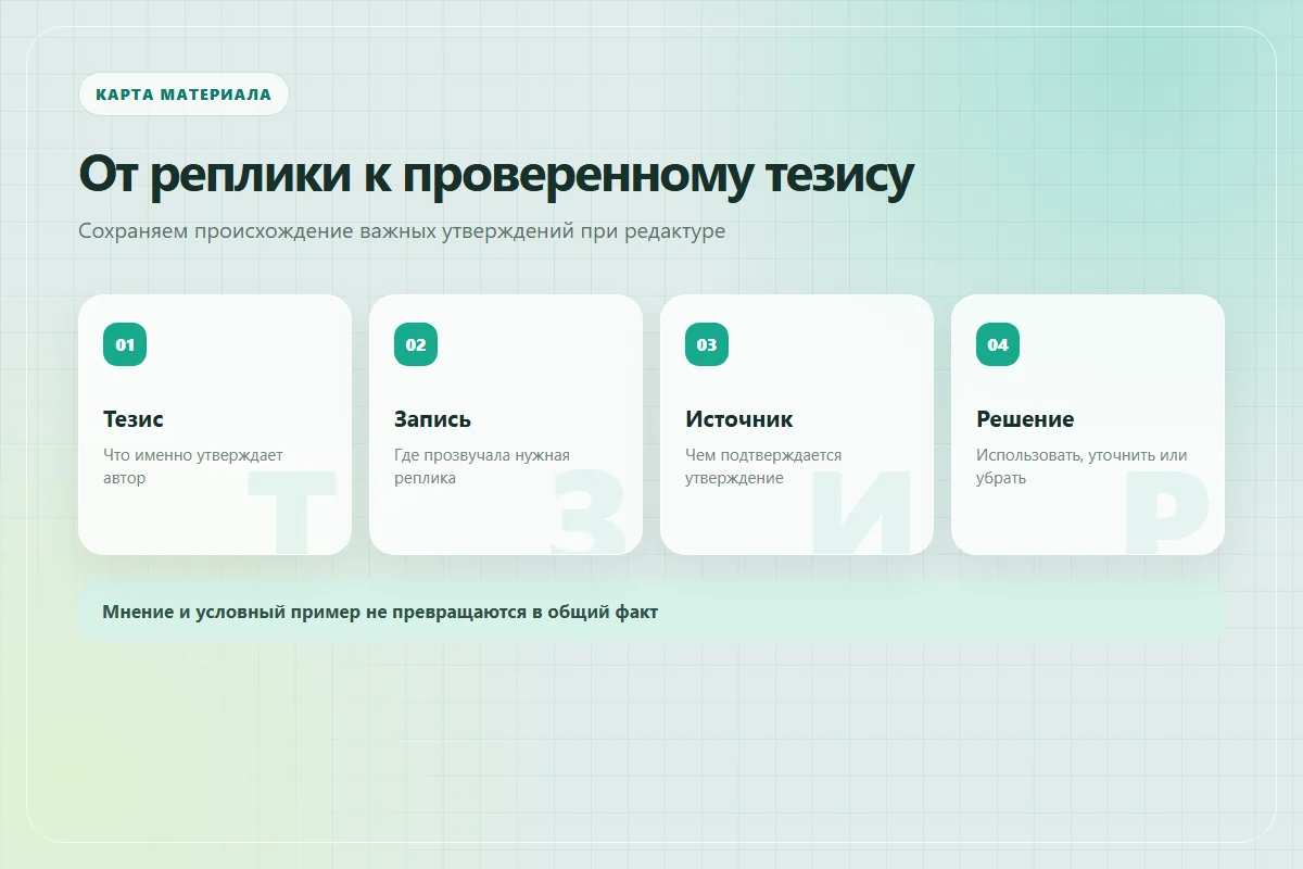 Карта материала для статьи: утверждение, фрагмент записи, подтверждающий источник и решение редактора