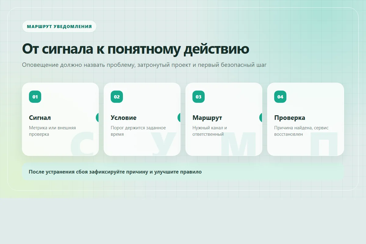 Маршрут уведомления мониторинга VPS от сигнала и условия до ответственного и проверки восстановления