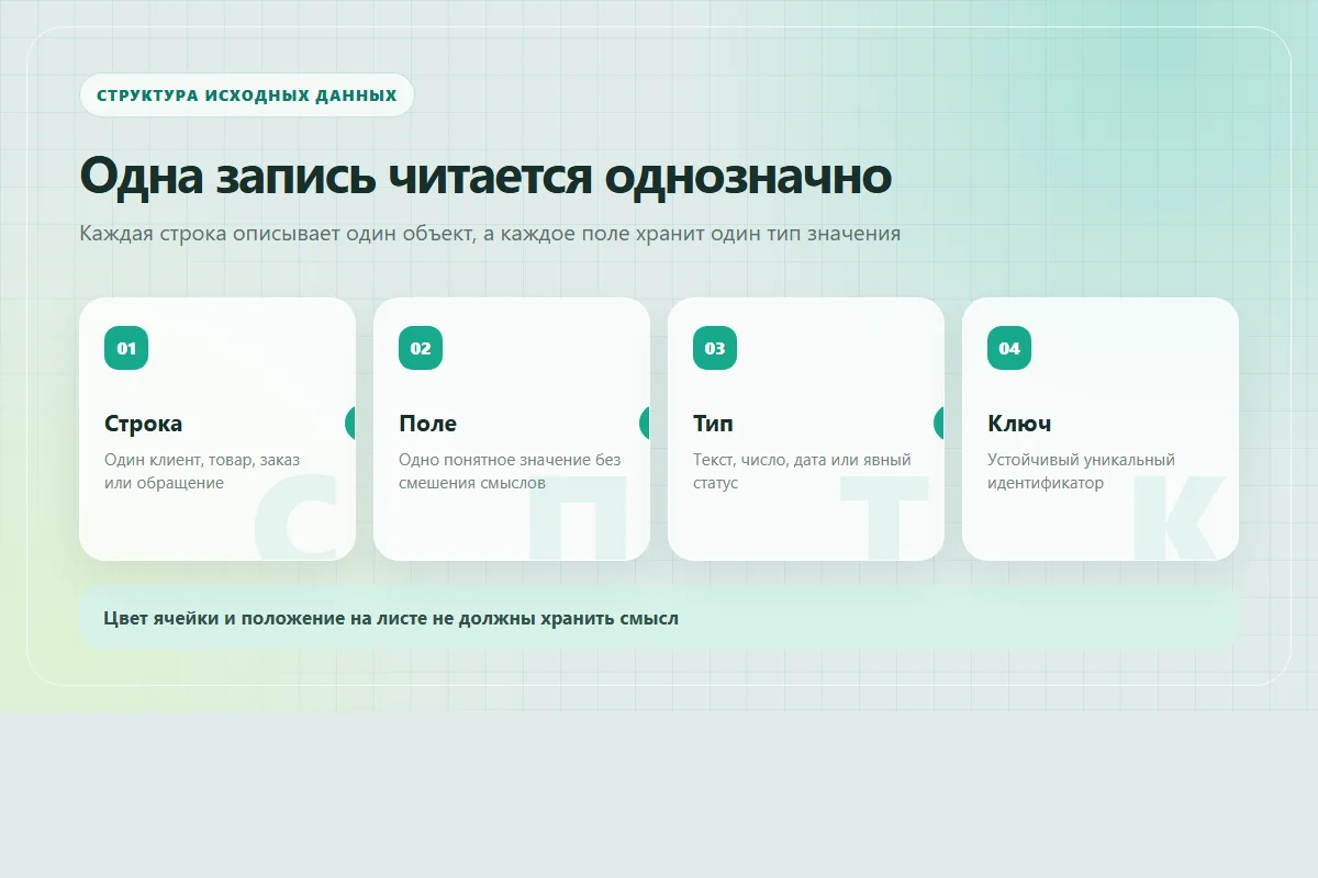 Схема подготовки таблицы Excel: одна строка, одно поле, явный тип и уникальный идентификатор