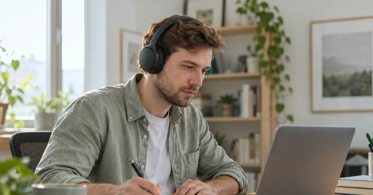 Координатор слушает запись и делает заметки, сгенерированная иллюстрация