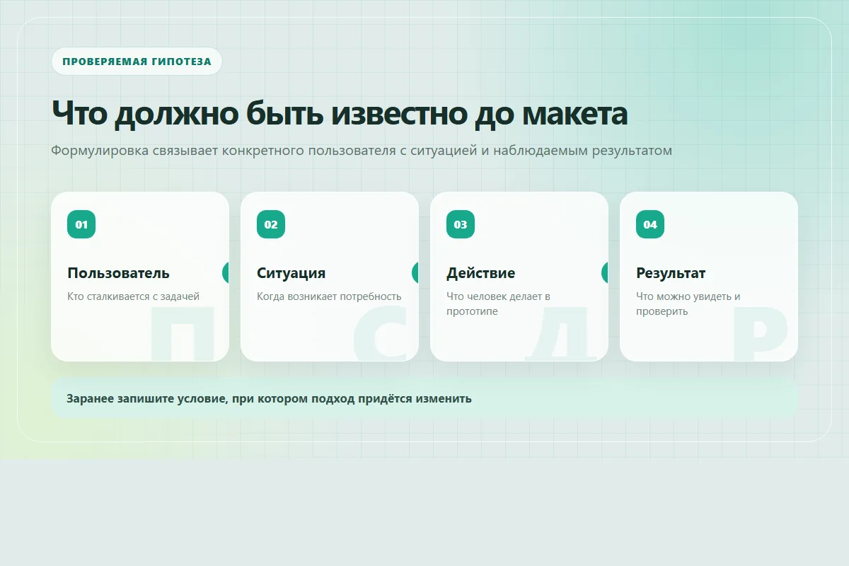 Схема проверяемой гипотезы приложения: пользователь, ситуация, действие и наблюдаемый результат