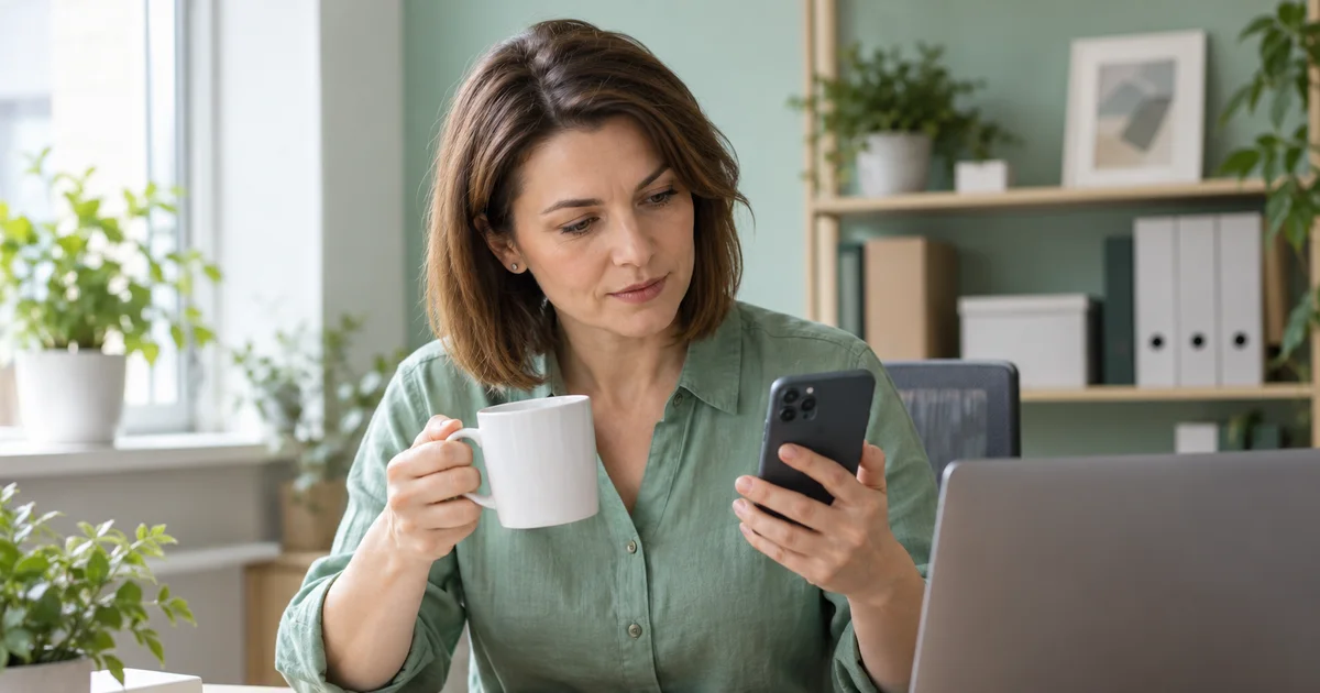 Специалист сопоставляет товар с изображением на смартфоне, сгенерированная иллюстрация