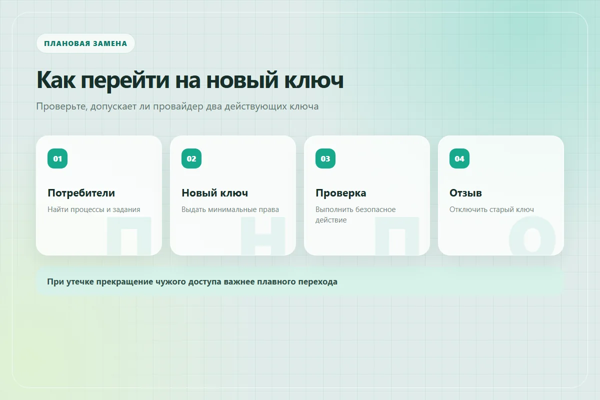 Замена ключа: найти потребителей, выдать новый, проверить действие и отозвать старый