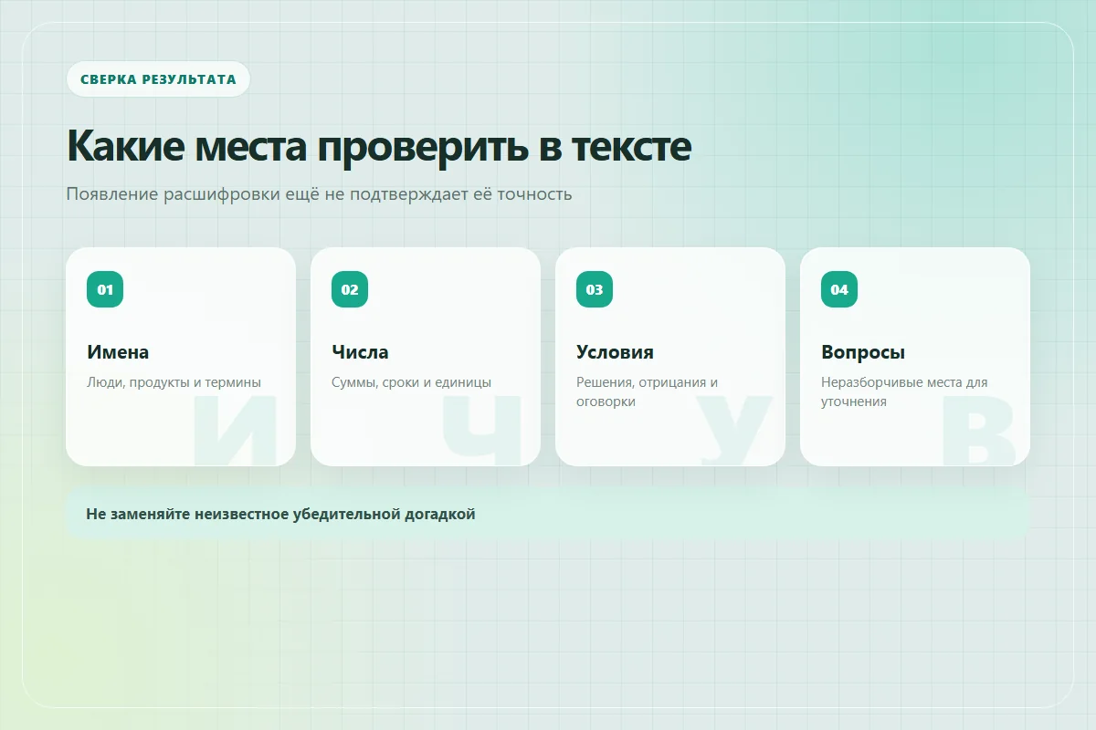 Проверка расшифровки через имена, числа и единицы, условия решения и неразборчивые места