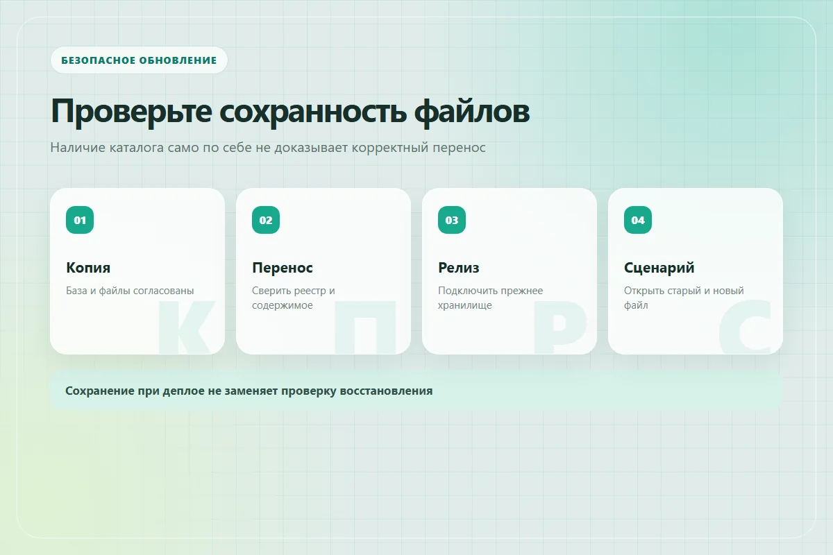 Проверка обновления: согласованная копия, перенос, смена релиза и чтение прежних файлов