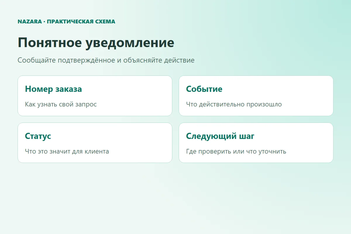 Уведомление содержит номер заказа, подтверждённое событие, понятный статус и следующий шаг